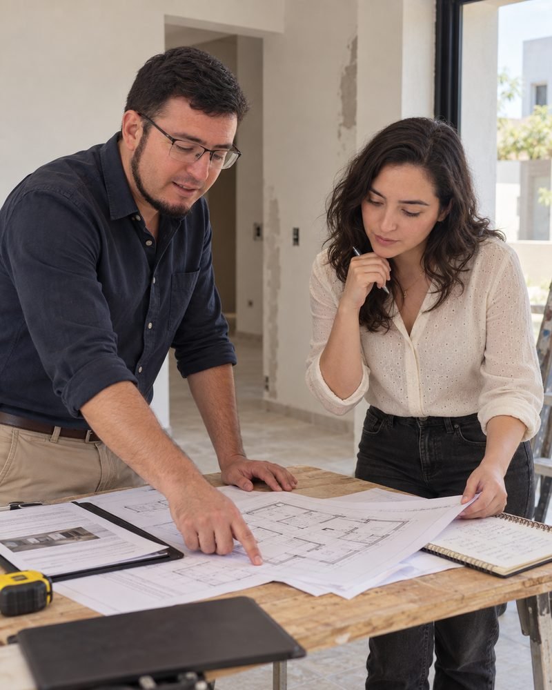 Arquitectos revisando un plano junto con su cliente en un inmueble en remodelación